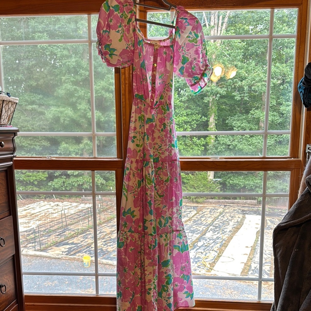 Peach Love California Pink and Green Puff Sleeve Sundress